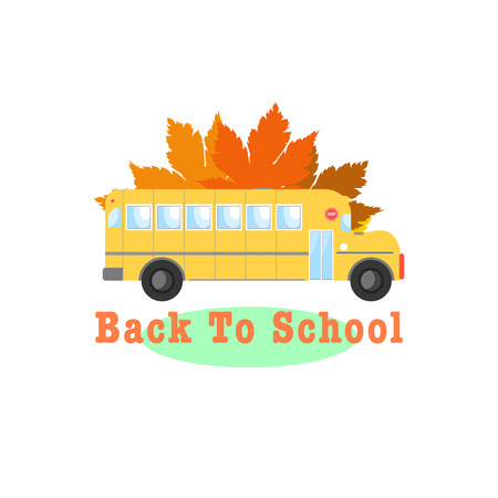 Illustration of school bus with fall leaves. Back to school concept.