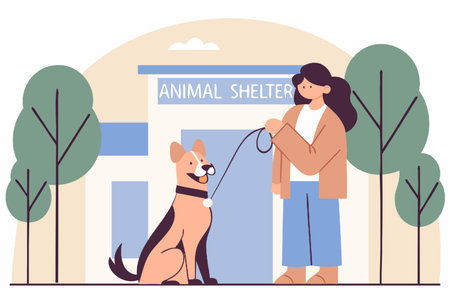 Vector illustration of a girl adopting a dog from a pet shelterのイラスト素材
