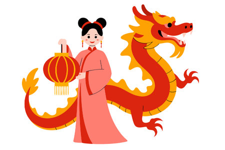 Happy chinese new year vector illustration featuring a smiling woman with a red lantern and dragon dancing in celebrationのイラスト素材