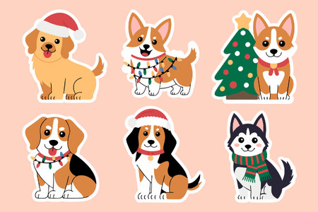 Cute collection of christmas dog stickers with various breeds wearing santa hats, perfect for festive projectsのイラスト素材