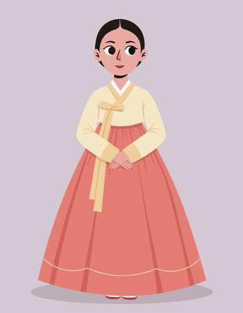 Graceful young woman wearing traditional korean hanbok dress, vector illustration isolated. Perfect for cultural events, heritage themes, and asian artのイラスト素材