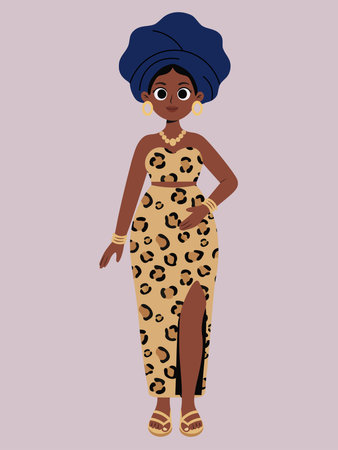 Stylish vector illustration of a confident woman wearing a fashionable leopard print outfit and a vibrant blue headwrap, perfect for fashion and diversity themesのイラスト素材