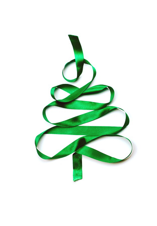 Christmas tree made of green ribbon. Flat lay, concept of Christmas time.の写真素材