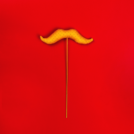 Stuffed yellow moustache toy on a stick, red background, flat lay. Concept of a party or celebrationの写真素材