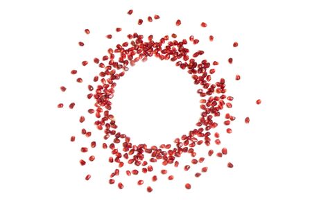 Pomegranate seeds background, white background, flatlay, copyspaceの写真素材