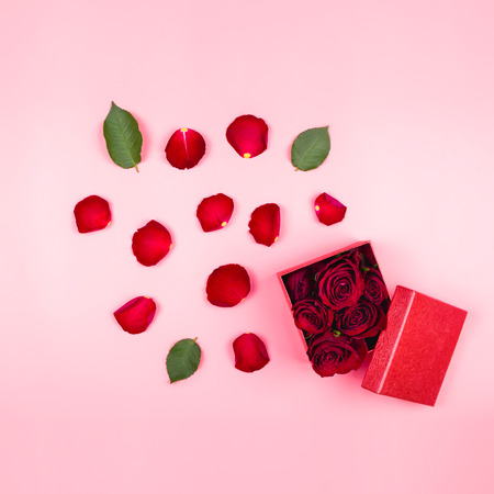 Rose buds and petals in a gift box. Holiday or romantic present concept, square imageの写真素材