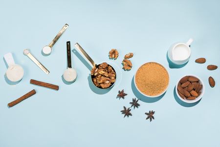 Various products for bakery and baking supplies on blue, flatlayの写真素材