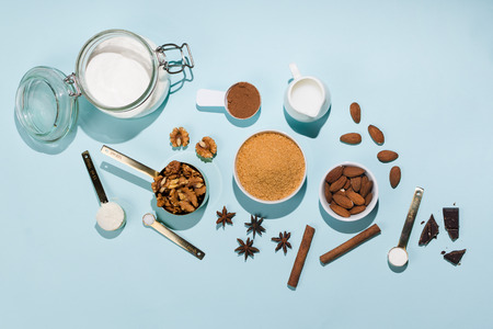 Various products for bakery and baking supplies on blue, flatlayの写真素材