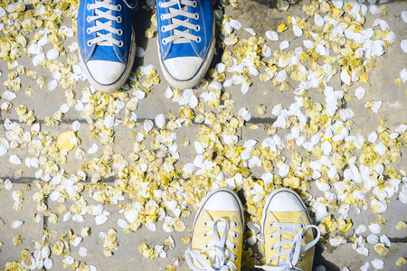 Flatlay of a women's and men's feet in blue and yellow sneakers on a tile covered with white and yellow flower petals, travel conceptの写真素材