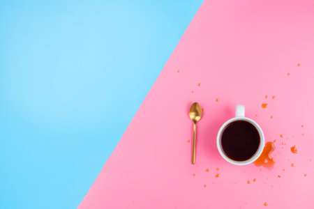 Flatlay with gold spoon and white coffee mug on pink and blue background with copyspaceの写真素材