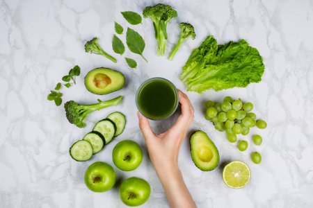 Flatlay with woman's hand reaching for green juice surrounded by green fruits and vegetables on marble tableの写真素材