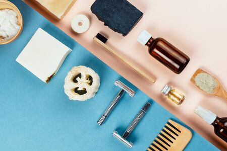 Flatlay of various eco friendly zero waste skin and body care products, selective focusの写真素材