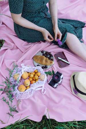 Faceless portrait of female in green dress on a pink blanket on a grass, with fresh fruits, berries and pastry outdoorsの写真素材