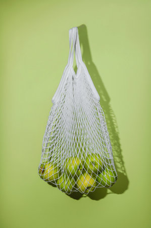 Fresh green apples in a string bag, zero waste grossery shopping conceptの写真素材