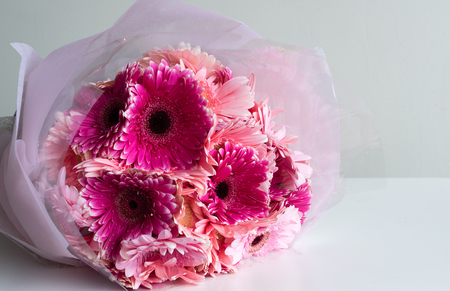 Bright pink gerberas wrapped in cellophane and lying on white table (selective focus)の写真素材