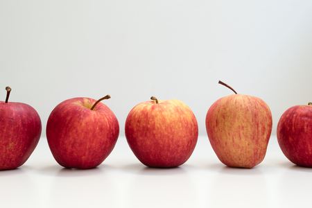 Five red gala apples arranged in a row on a white table (selective focus)の写真素材