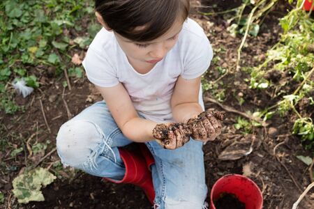 High angle view of little girl playing in dirt and looking at muddy hands (selective focus)の写真素材