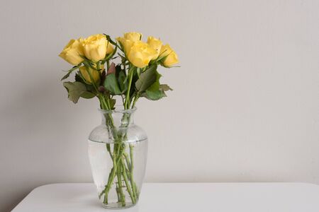 Yellow roses in glass vase on white table against neutral background with copy space to rightの写真素材