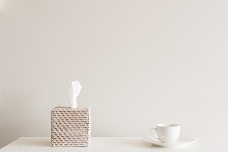 White shelf with rattan tissue box and cup and saucer against neutral wall background - comfort,...