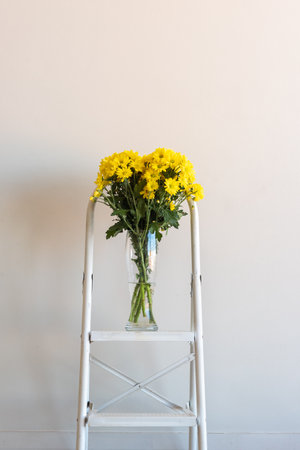 Yellow daisies on white metal stepladder against neutral wall backgroundの写真素材