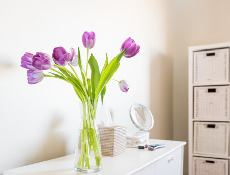 Purple tulips in glass vase on bedroon dressing table with accessories and furniture in background (selective focus)の写真素材
