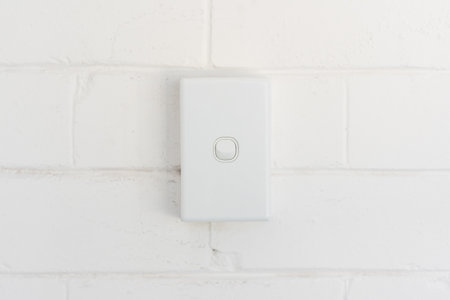 Closeup of white Australian single light switch against painted brick wall (selective focus)の写真素材