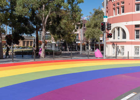 Sydney Australia -Februrary 11 2019: A permanent rainbow pedestrian crossing is now operational at Taylor Square in the heart of Sydney's LGBTIQ community.のeditorial素材