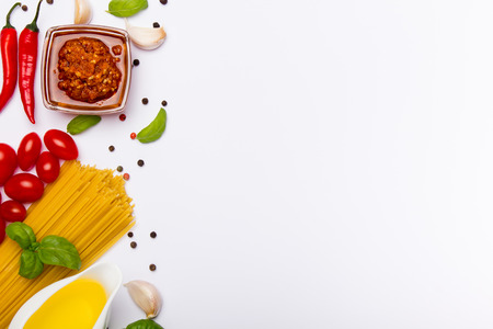 Italian food ingredients isolated on whiteの写真素材
