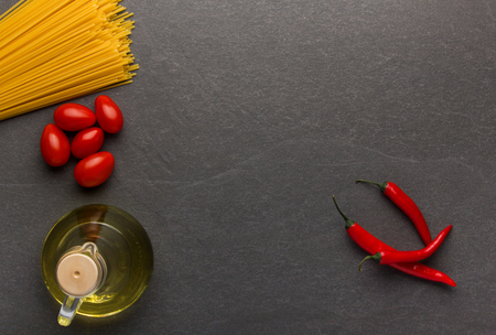 Italian food ingredients on wooden tableの写真素材