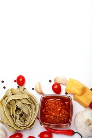 Italian food ingredients isolated on whiteの写真素材