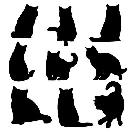 Cats in the set are black. Cats in different positions, sitting, jumping, playing. Vector image.のイラスト素材