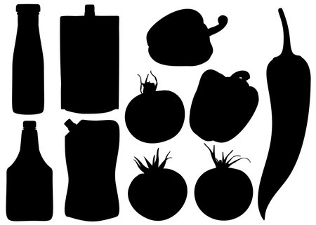 Ketchup and sauce with tomatoes and peppers in a set. Vector image.のイラスト素材