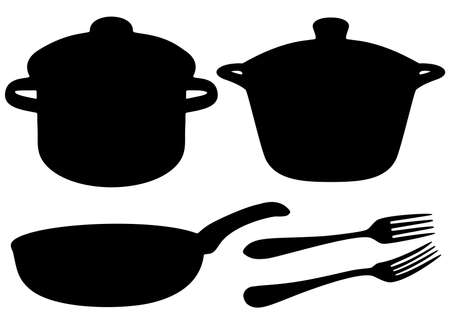 A set of pots, pans and forks for the kitchen.のイラスト素材