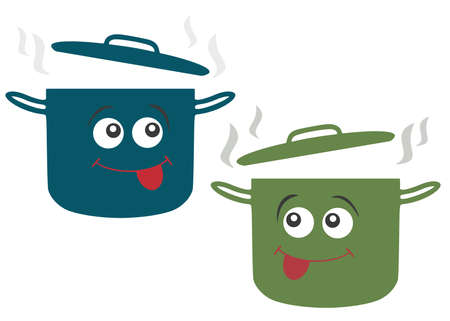 Funny kitchen saucepan set. Vector image.のイラスト素材