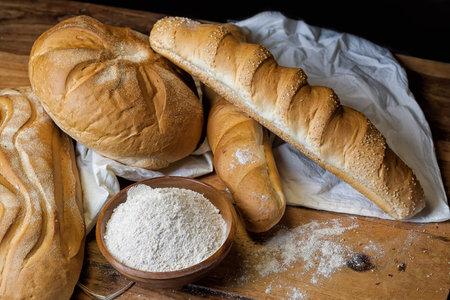 different bread on the wooden table, flour, sackcloth, bowlの写真素材