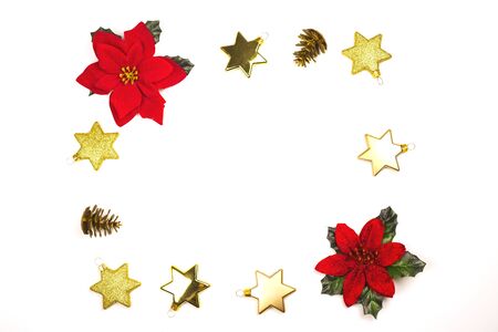 Christmas Background with decorations on white background. Xmas, New Year, winter concept. Flat lay, top view.の写真素材