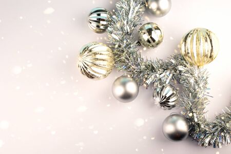 Christmas silver balls and decorations on white backgroundの写真素材