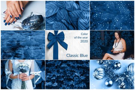 Creative collage in blue color. Different photos in one composition. Nature and beauty concept.の写真素材