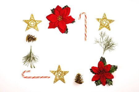 Christmas Background with decorations on white background. Xmas, New Year, winter concept. Flat lay, top view.の写真素材