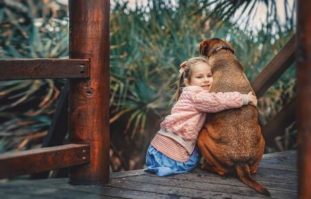 Cute little girl hugs a big red hungarian vizsla dog sitting together on the wooden stairs. Child and pet.の写真素材