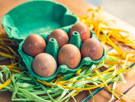Brown fresh eggs with smiling faces in green tray on straws, Easter concept.