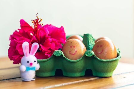 Brown fresh eggs with smiling faces in green tray with hibiscus flower and little Bunny, Easter conceptの写真素材