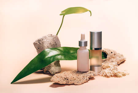 Decorative composition with cosmetics, woman beauty products. Droplet and pump bottles with serum and oil with corals and green leaves on a beige background.の写真素材