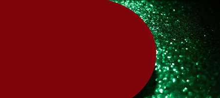 Dark red podium on green glitter trendy festive background. banner with free copy spaceの写真素材