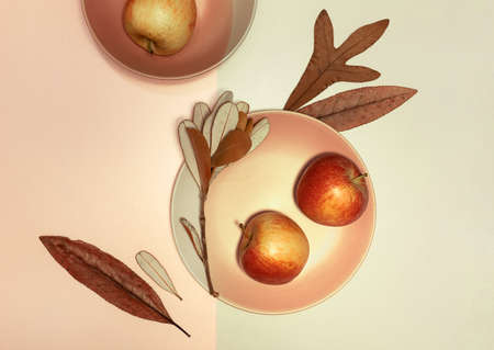 Autumn flat lay with plates, dry leaves and apples on paper background with shadow from sunの写真素材