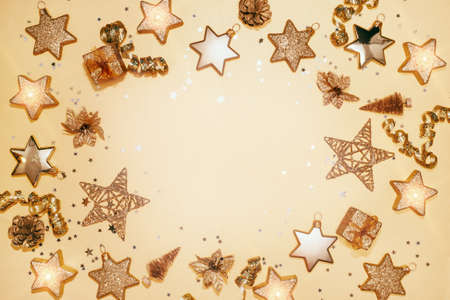 Christmas composition. Christmas balls, stars, gift boxes, ribbons and candles. New year decorations...