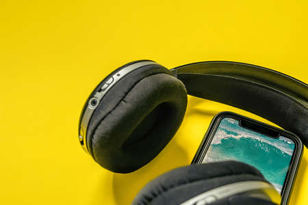 Headphone or Headset on bright color background.の写真素材