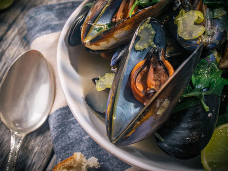Blue mussles with vine and baguette on wooden tableの写真素材