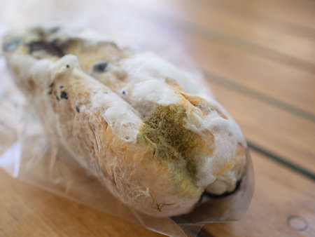Closeup moldy bun in plastic pack, isolated bread with moldy, fungi textureの写真素材