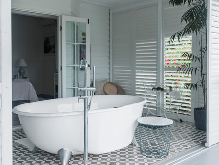 View of a spacious and elegant bathroom.の写真素材